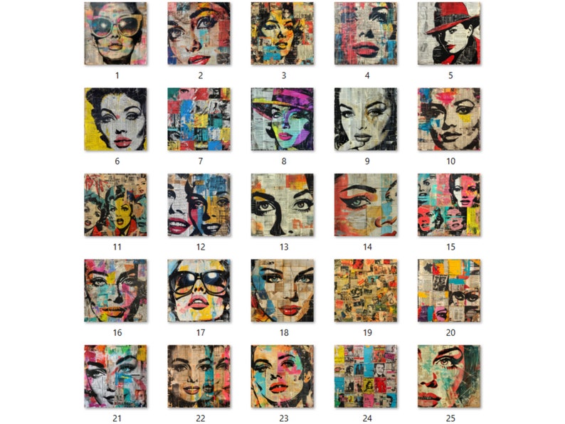 May include: A collection of 25 square art prints featuring stylized portraits of women. Each artwork uses a collage technique with a vintage aesthetic, incorporating newspaper clippings and bold colors like red, yellow, and blue.