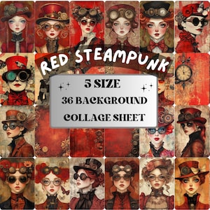 Carta da collage Steampunk rossa stravagante, foglio di tecniche miste Steampunk surreale, immagini effimere stravaganti, diario eccentrico, carta per album bordeaux