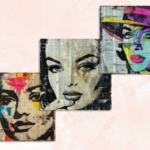 May include: Three square canvas art pieces featuring stylized portraits of women. The artwork uses a collage technique with newspaper clippings as a base, overlaid with bold colors and paint splatters. The portraits have a retro, pop art aesthetic.