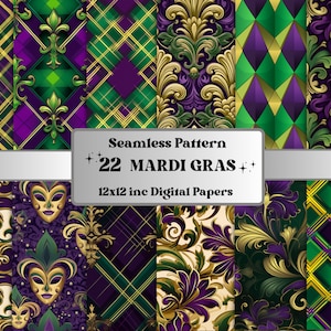 May include: A set of 22 digital papers featuring Mardi Gras themed patterns. The patterns include green, purple, and gold colors with designs of fleur-de-lis, masks, and plaid.