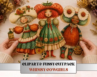 Whimsy Cowgirls Fussy Cuts, Printable Cut Outs, Western Girl Ephemera, Junk Journal Scrapbook Pack, Country Paper Craft