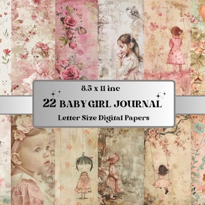 Baby Girl Junk Journal Kit, druckbares digitales Kinderzimmerpapier, süße Baby Shabby Chic Ephemera Collage, rosa Neugeborene Scrapbooking, Kartengestaltung