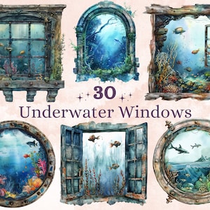 30 PNG Acuarela bajo la ventana del mar Clipart, Clipart de ventana del océano, Ventanas de fantasía png, Sublimación de vida marina, Ilustración submarina