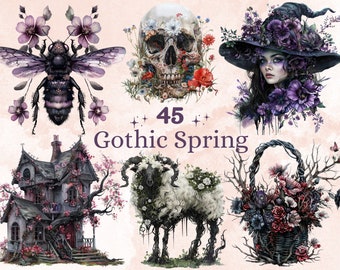 45 PNG acuarela gótica primavera clipart, espeluznantes ilustraciones de primavera Clip art, horror espeluznante efímera png, sublimación floral de fantasía oscura