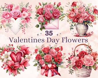 35 PNG Watercolor Valentine's Day Flowers Clipart, Floral Valentines Day Hearts Illustrations Clip art, Love Pink Roses Png Sublimation