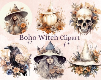 34 PNG Watercolor Boho Witch Clipart, Bohemian Witchcraft Clip art, witch clip art png, magic clip art, Rustic Witch Bundle, witchcraft png