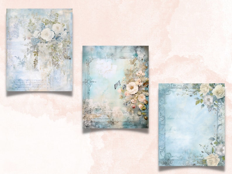 Blue Shabby Chic Junk Journal Paper Pack, Vintage Shabby Chic Ephemera Kit, Romantic Scrapbook Paper, Printable Floral Roses Digital Pages