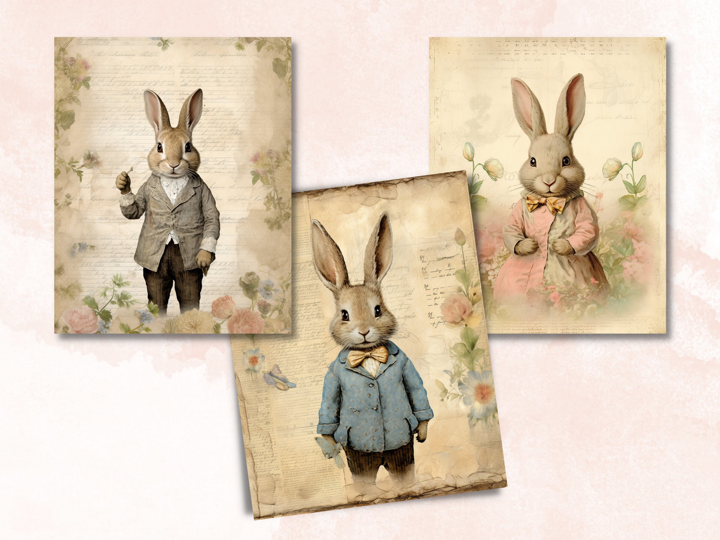 Printable Easter Bunny Digital Paper, Easter Rabbit Ephemera Collage ...