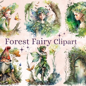 以下が含まれることがあります： 妖精、ノーム、魔法のドアを描いた水彩画のセット。妖精は羽根と花の冠をつけ、緑豊かな植物に囲まれています。ノームは赤い帽子をかぶり、木の切り株に座っています。ドアはつる植物で覆われており、森の中に隠れているようです。