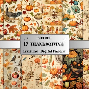 Carta digitale del Ringraziamento vintage stampabile, Autunno rustico, Pagine del raccolto di zucca autunnale, Download Junk Journal, Scrapbooking, Card Making