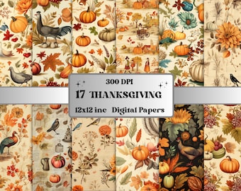 Printable Vintage Thanksgiving Digital Paper, Rustic Autumn, Fall Pumpkin Harvest Pages, Download Junk Journal, Scrapbooking, Card Making