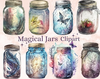 16 PNG Watercolour Magical Jars Clipart, Fantasy Clipart, Fairytale Magical Mystery Mason Jars Clip Art png bundle, Scrapbook, Junk Journal