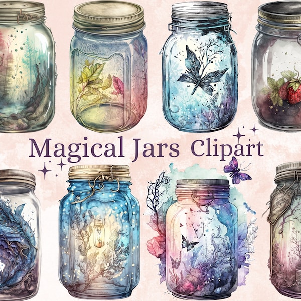 16 PNG Watercolour Magical Jars Clipart, Fantasy Clipart, Fairytale Magical Mystery Mason Jars Clip Art png bundle, Scrapbook, Junk Journal