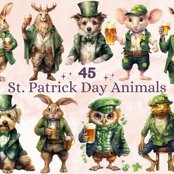 45 PNG Watercolor St.Patrick’s Day Animals Clipart, Four Leaf Clover Illustrations Clip art, Irish Green Shamrock Png, Cute Beer Sublimation