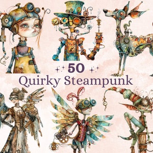 50 PNG Aquarell schrullige Steampunk Clipart, wunderliche Mädchen Illustrationen Clip Art, lustige Steampunk Vogel png, schrullige Häuser Sublimation