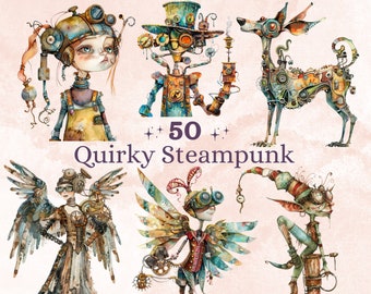 May include: A set of 50 quirky steampunk illustrations featuring a variety of characters, including a girl with goggles, a robot, a dog, a fairy, and an elf. The illustrations are done in a watercolor style and feature intricate details.