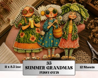 Summer Grandmas Fussy Cut Printable, 35 Whimsical Grandma Cutouts, Beach Ephemera Junk Journal Scrapbook Sheets