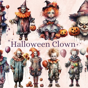 45 PNG acuarela Halloween payaso Clipart, terror Halloween circo ilustraciones Clip art, lindos payasos espeluznantes png, sublimación gótica de miedo