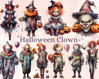 45 PNG Watercolor Halloween Clown Clipart, Horror Halloween Circus Illustrations Clip art, Cute Creepy Clowns png, Gothic Scary Sublimation
