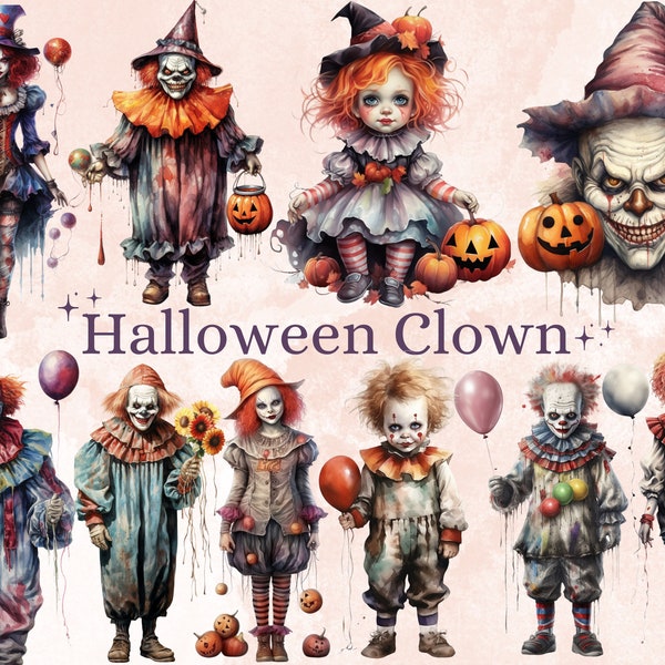 45 PNG Aquarelle Halloween Clown Clipart, Horreur Halloween Circus Illustrations Clip art, Mignon Creepy Clowns png, Gothique Effrayant Sublimation