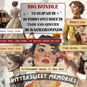 Bittersweet Memories Collage Pack, Whimsical Ephemera Fussy Cut, Inspirational Tags and Quotes, Nostalgia Scrapbook, Surreal Background