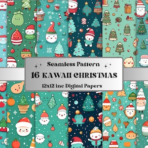 Naadloze Kawaii Christmas Digital Paper Pack, Winter Holiday Naadloze Patroon, Leuke Kerst Feestelijke Textuur Achtergrond, Scrapbook Papers