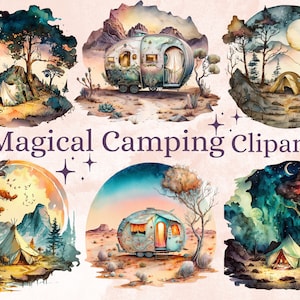 19 PNG aquarelle magique Camping Clipart, Camp Clip art, tentes Camping, camping-car scènes, caravanes png, voyage Bundle, camping paysage png