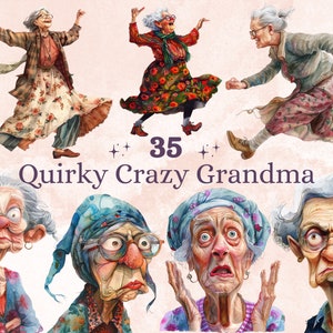 35 PNG Aquarell schrullig verrückte Oma Clipart, wunderliche Hippie alte Damen Illustrationen Clip art, lustige ältere Frau png Sublimation