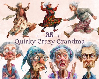 35 PNG Watercolor Quirky Crazy Grandma Clipart, Whimsical Hippie Old Ladies Illustrations Clip art, Funny Elderly Woman png Sublimation