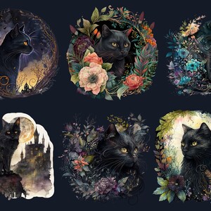 16 PNG Watercolor Fantasy Black Cats Clipart, Black Cat Clip Art, Celestial Black Cat Clipart, Magical clipart, Witchcraft Bundle, pagan png