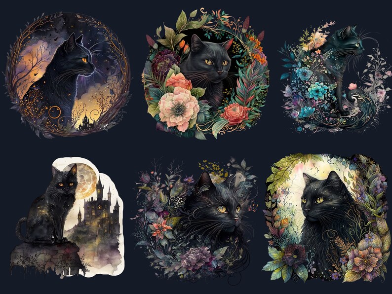 16 PNG Watercolor Fantasy Black Cats Clipart, Black Cat Clip Art, Celestial Black Cat Clipart, Magical clipart, Witchcraft Bundle, pagan png