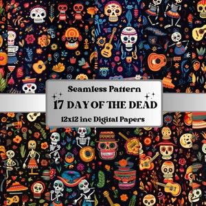 Nahtloser Tag der Toten Digital Paper Pack, Dia de los Muertos nahtloses Muster, mexikanischer Sugar Skull Hintergrund, Fantasy Scrapbook Papiere