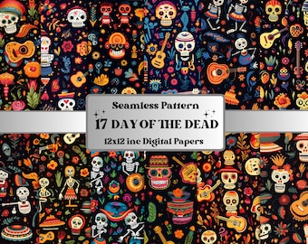 Sömlöst digitalt papperspaket med de dödas dag, Dia de los Muertos sömlöst mönster, mexikansk sockerskallebakgrund, fantasy scrapbookingpapper
