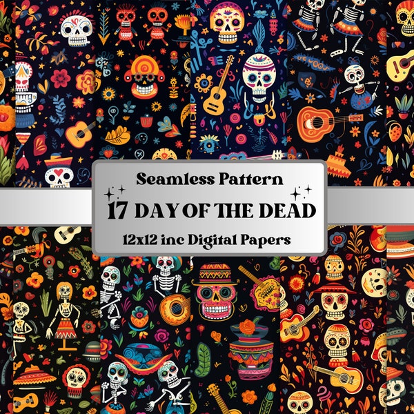 Seamless Day of the Dead Digital Paper Pack, Dia de los Muertos Seamless Pattern, Mexican Sugar Skull Background , Fantasy Scrapbook Papers