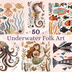 50 PNG Clipart di arte popolare subacquea ad acquerello, Clip art dell'oceano scandinavo, Animali marini nordici png, Sublimazione della vita marina, Set sotto il mare
