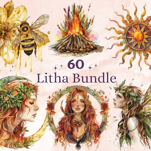 60 PNG Acquerello Litha Clipart, Illustrazioni floreali delle vacanze pagane Wiccan Clip art, Solstizio d'estate png, Litha Sun Goddess Sublimation
