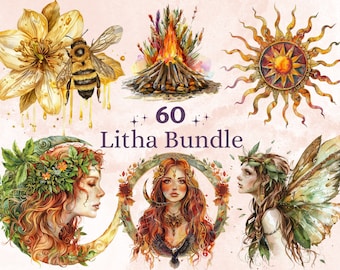 60 PNG Watercolor Litha Clipart, Floral Pagan Holiday Wiccan Art Illustrations Clip art, Summer Solstice png, Litha Sun Goddess Sublimation