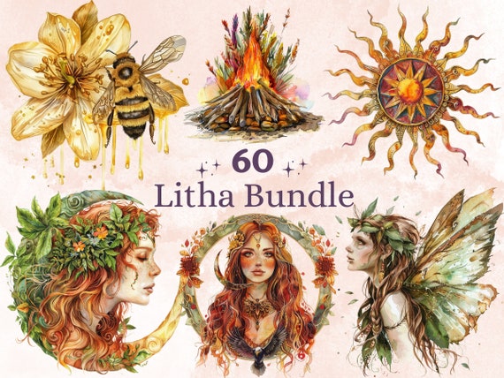 60 PNG Watercolor Litha Clipart, Floral Pagan Holiday Wiccan Art Illustrations Clip art, Summer Solstice png, Litha Sun Goddess Sublimation