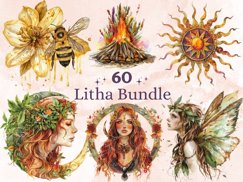 60 PNG Watercolor Litha Clipart, Floral Pagan Holiday Wiccan Art Illustrations Clip art, Summer Solstice png, Litha Sun Goddess Sublimation