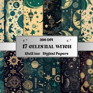 Celestial Witch Digital Paper, Witch Junk Journal Paper Pack, Printable celestial witchy ephemera scrapbooking paper set, Witches Card Set