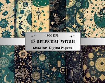 Celestial Witch Digital Paper, Witch Junk Journal Paper Pack, Printable celestial witchy ephemera scrapbooking paper set, Witches Card Set