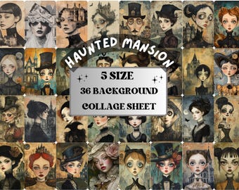 May include: A collage sheet of 36 images featuring a haunted mansion theme. The images are in various sizes and feature a variety of characters, including children, adults, and animals. The images are all in a vintage style and are perfect for scrapbooking, card making, or other craft projects.