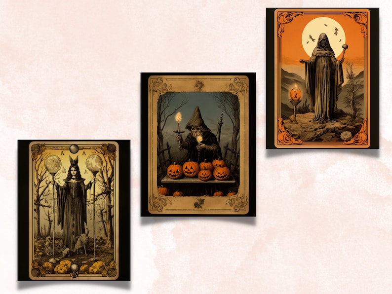 Printable Halloween Tarot Digital Paper, Vintage Halloween Tarot, Retro Halloween Pages, Download Junk Journal, Scrapbooking, Tarot Cards