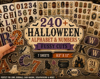 240+ Halloween Alphabet & Numbers Printable, Spooky Letters and Number Fussy Cuts, Witchy Alphabet for Junk Journal, Scrapbook, Collage