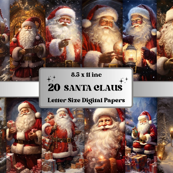 Printable Enchanted Santa Claus Digital Paper, Christmas Santa Background, Xmas Landscape Backdrop, Télécharger Junk Journal, Scrapbooking
