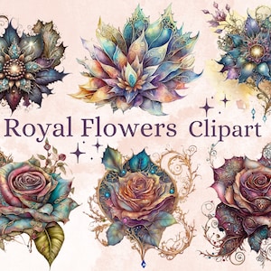 19 PNG Aquarel Royal Flowers Clipart, Fantasy Floral Clip Art, Magical Flower bundel, Jeweled Flower png, Royal Fantasy Aquarel Rozen