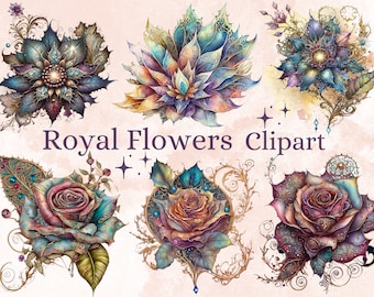 19 PNG Watercolor Royal Flowers Clipart, Fantasy Floral Clip Art, Magical Flower bundle, Jewelled Flower png, Royal Fantasy Watercolor Roses