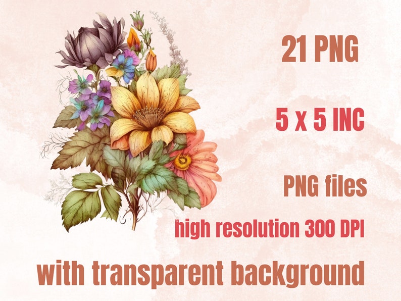 21 PNG Watercolour Vintage Floral Clipart, Vintage Flowers png bundle, Vintage Botanical Illustrations, Vintage Floral png Clip Art pack
