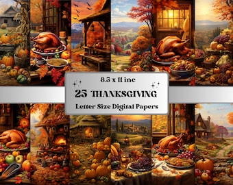 Druckbare Thanksgiving Szenen Digitales Papier, Bauernhof Hintergrund, Kürbis Ernte Landschaft Seiten, Download Junk Journal, Scrapbooking, Karten