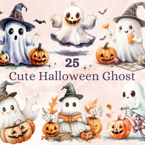 25 PNG Watercolor Cute Halloween Ghost Clipart, Kawaii Pumpkin Illustrations Clip art, Cute Funny Ghost Png, Spooky Season Sublimation